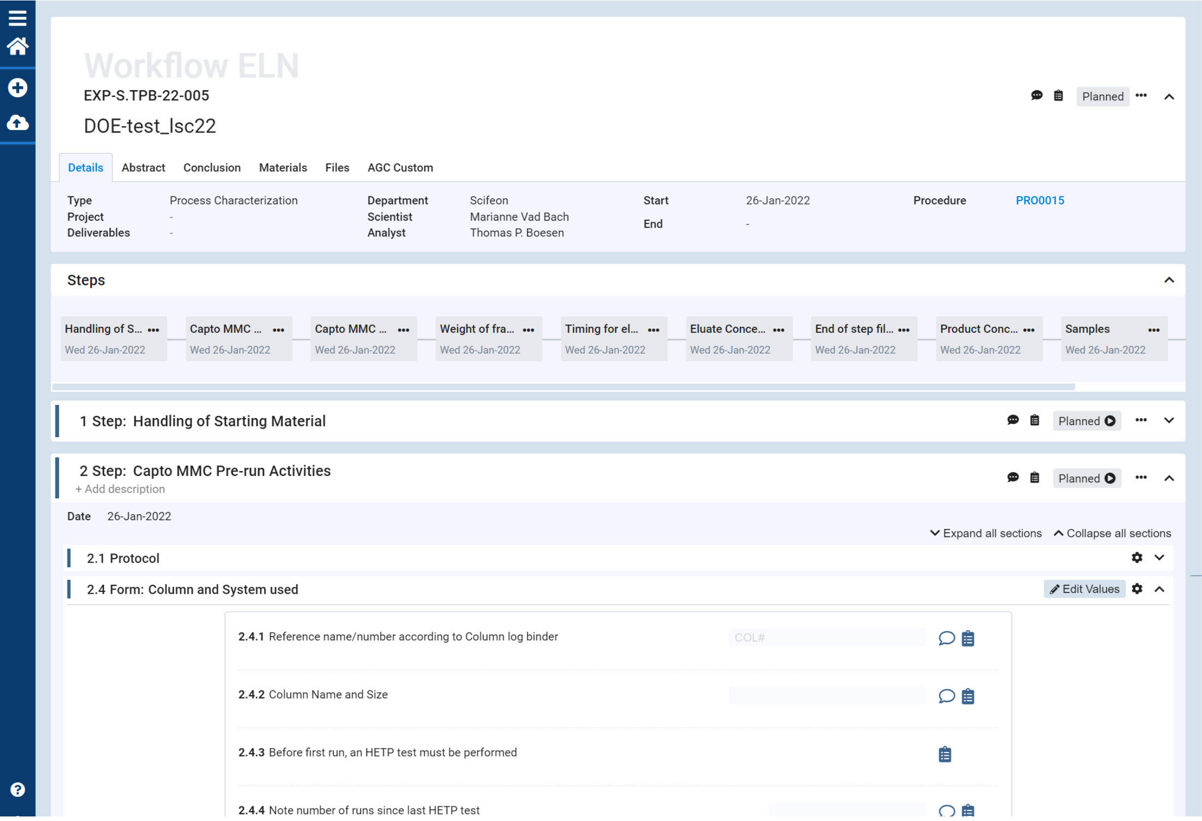 Workflow ELN screen in Scifeon
