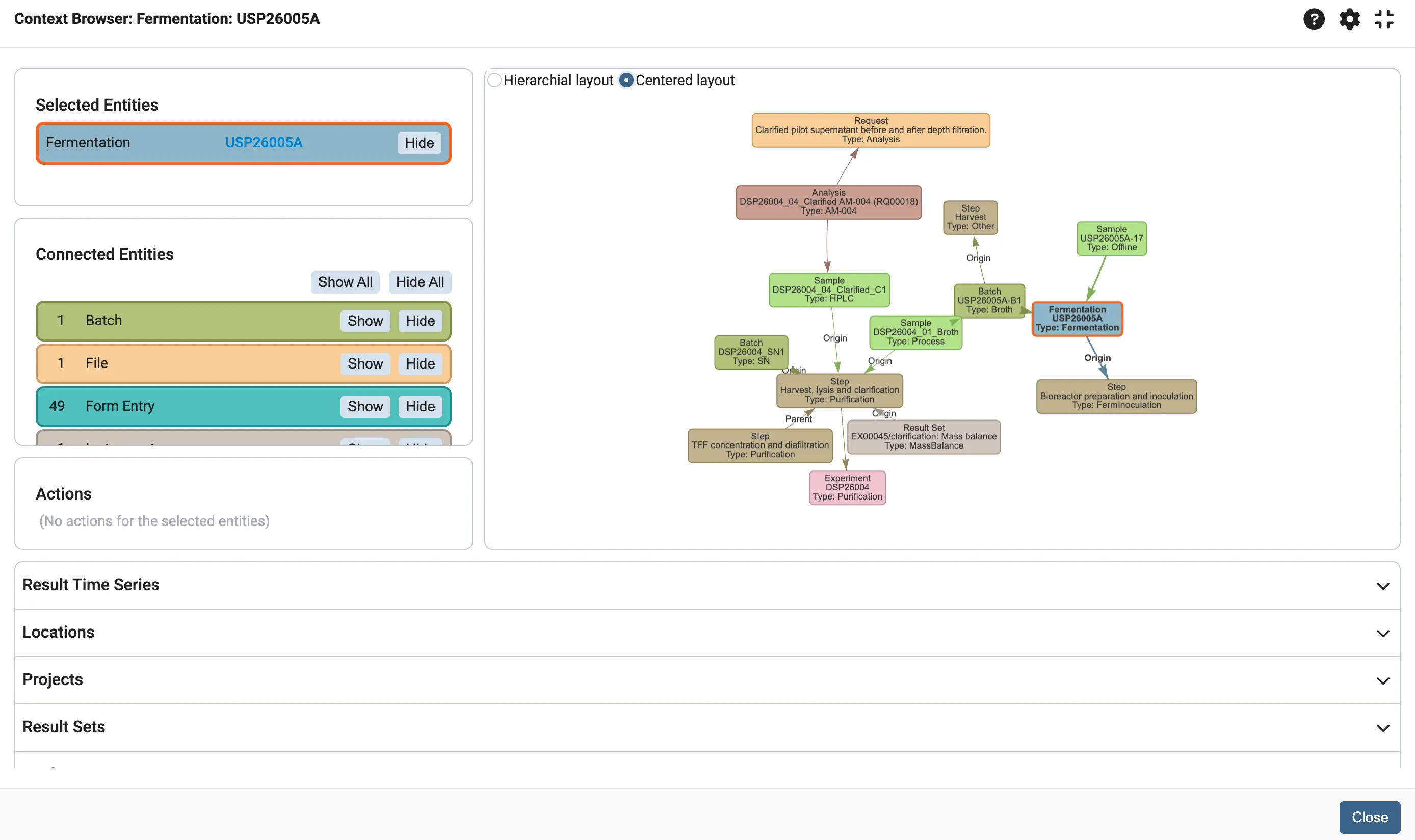 Scifeon platform screenshot showing the Context Browser for navigating lab data, experiments, and sample records