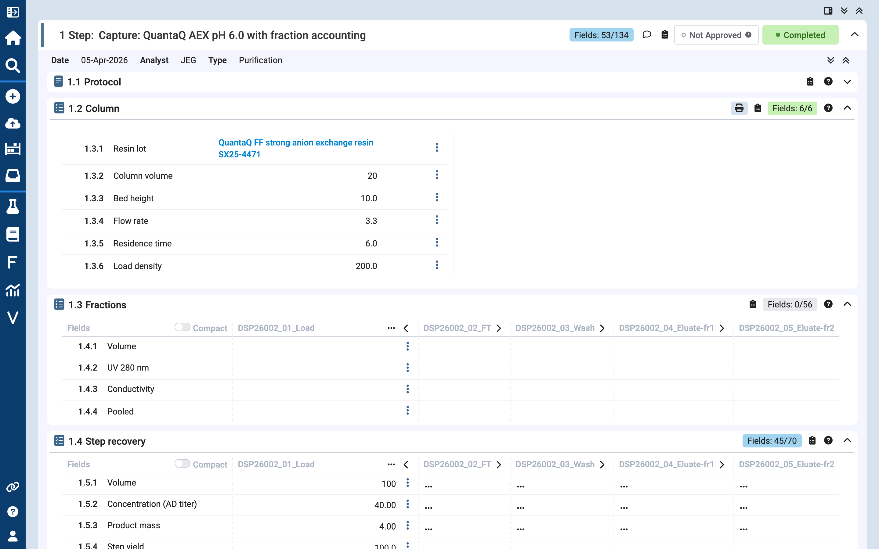 Scifeon ELN capture step of purification study DSP26002 with the column form and the fractions and step recovery grids