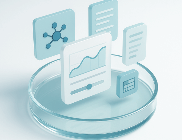 Modular digital interface emerging from a Petri dish, symbolizing customizable lab workflows