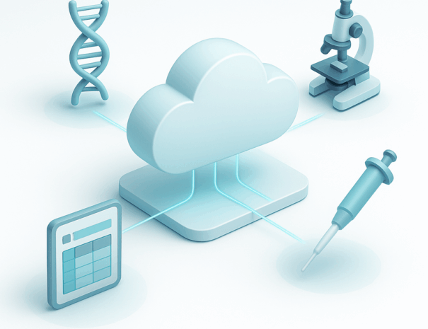 Scifoen Cloud Platform connected to lab icons like DNA, microscope, and inventory