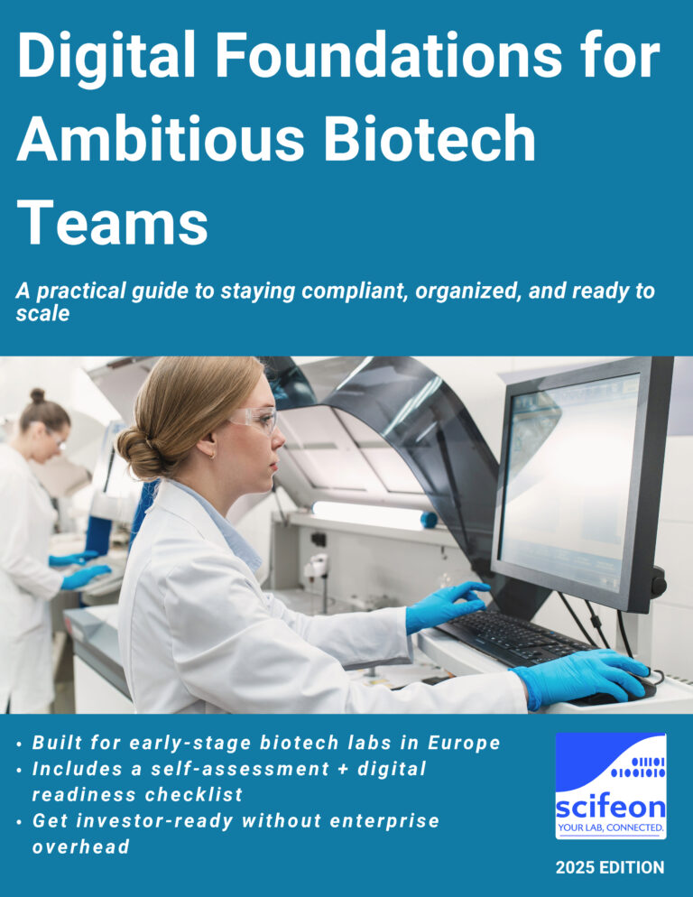 Titelbild des Scifeon-Leitfadens für Biotech-Startups – Strukturierung digitaler Prozesse in frühen Laborphasen