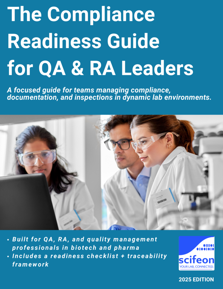 Titelbild des QA-/Compliance-Leitfadens von Scifeon – Strategien für ALCOA+, Audit Trails und digitale Nachweisketten