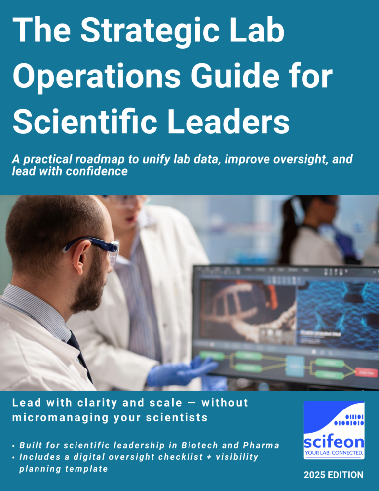 Cover image for the Strategic Lab Operations Guide for Scientific Leaders, featuring researchers reviewing scientific data on a screen in a modern lab