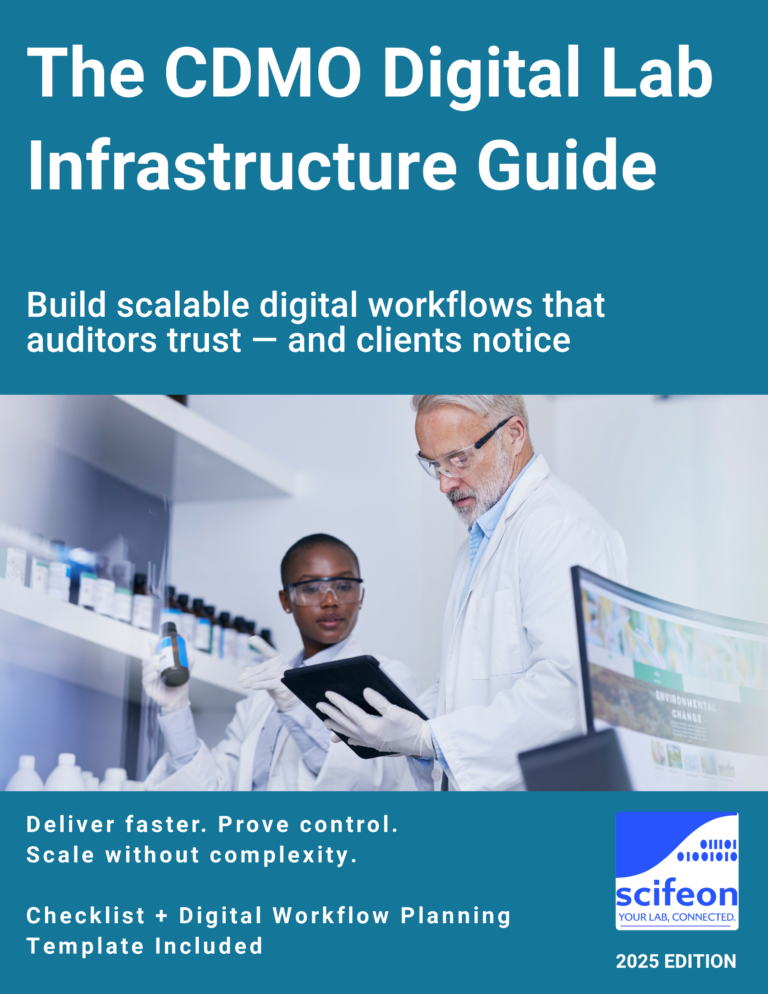 Cover of Scifeon’s CDMO Lab Guide – digital workflows and integrated transparency for contract development labs