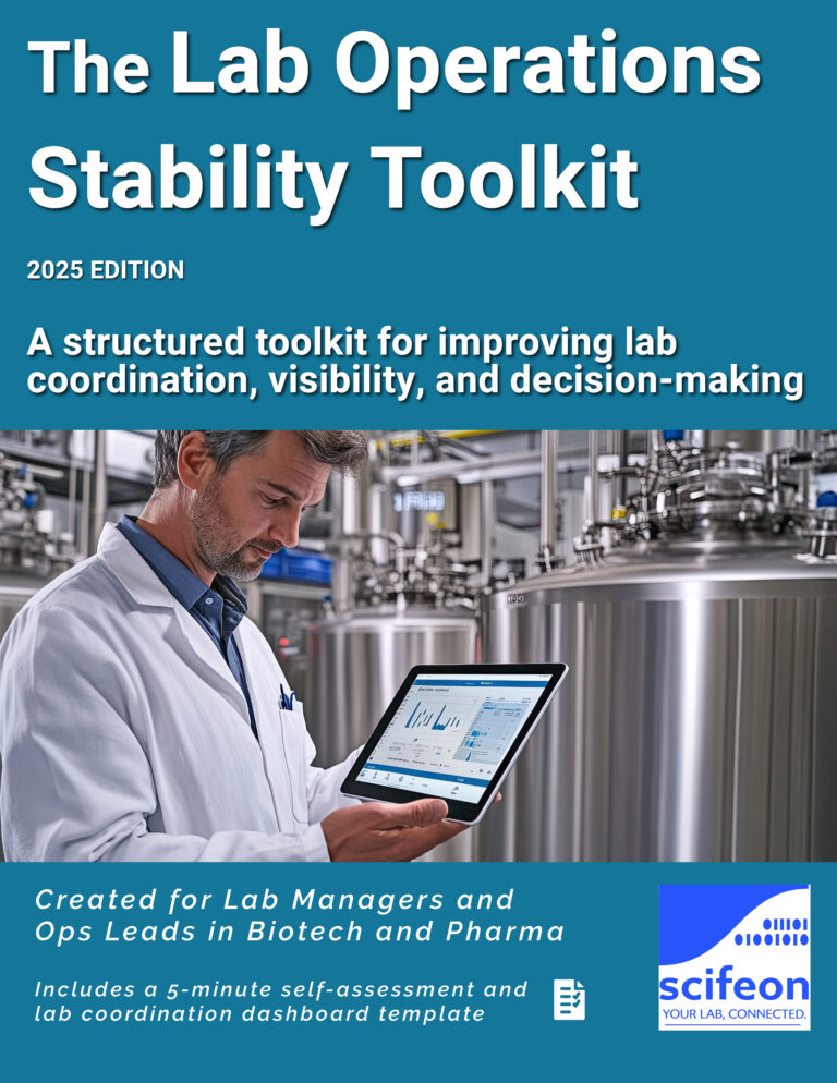 Cover of Scifeon’s Lab Management Toolkit Guide, featuring lab professionals reviewing protocols and digital workflows to streamline daily lab operations and reduce admin overhead.